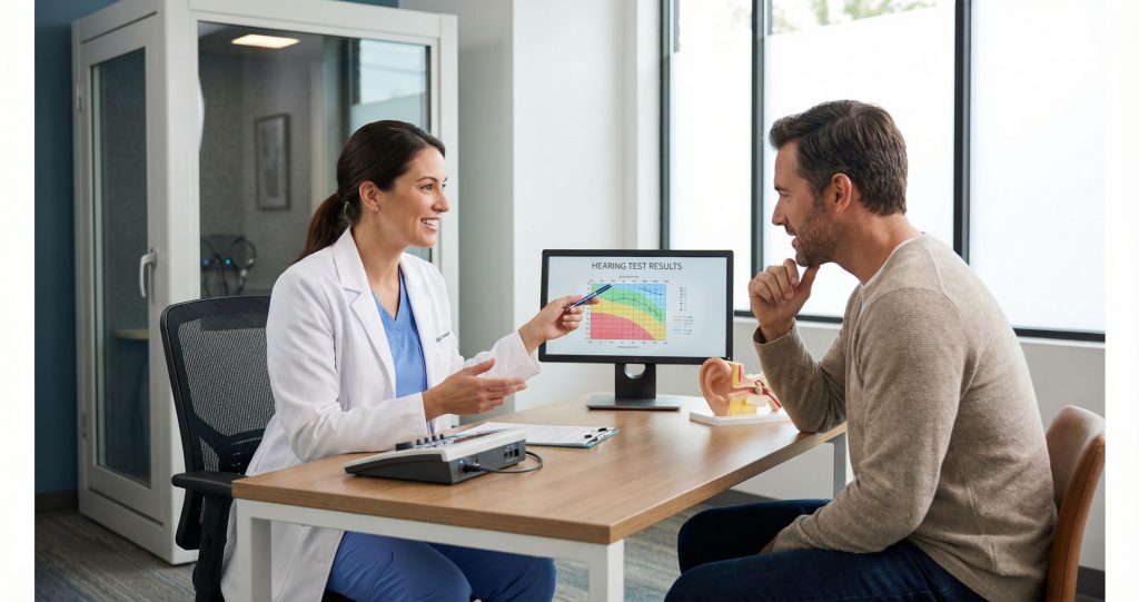 Audiologist explaining hearing test results to patient
