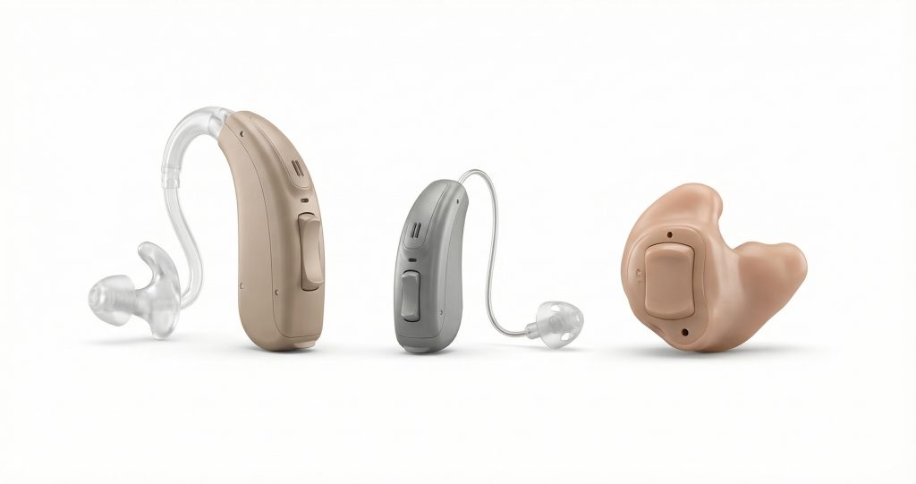 Different hearing aid styles displayed together