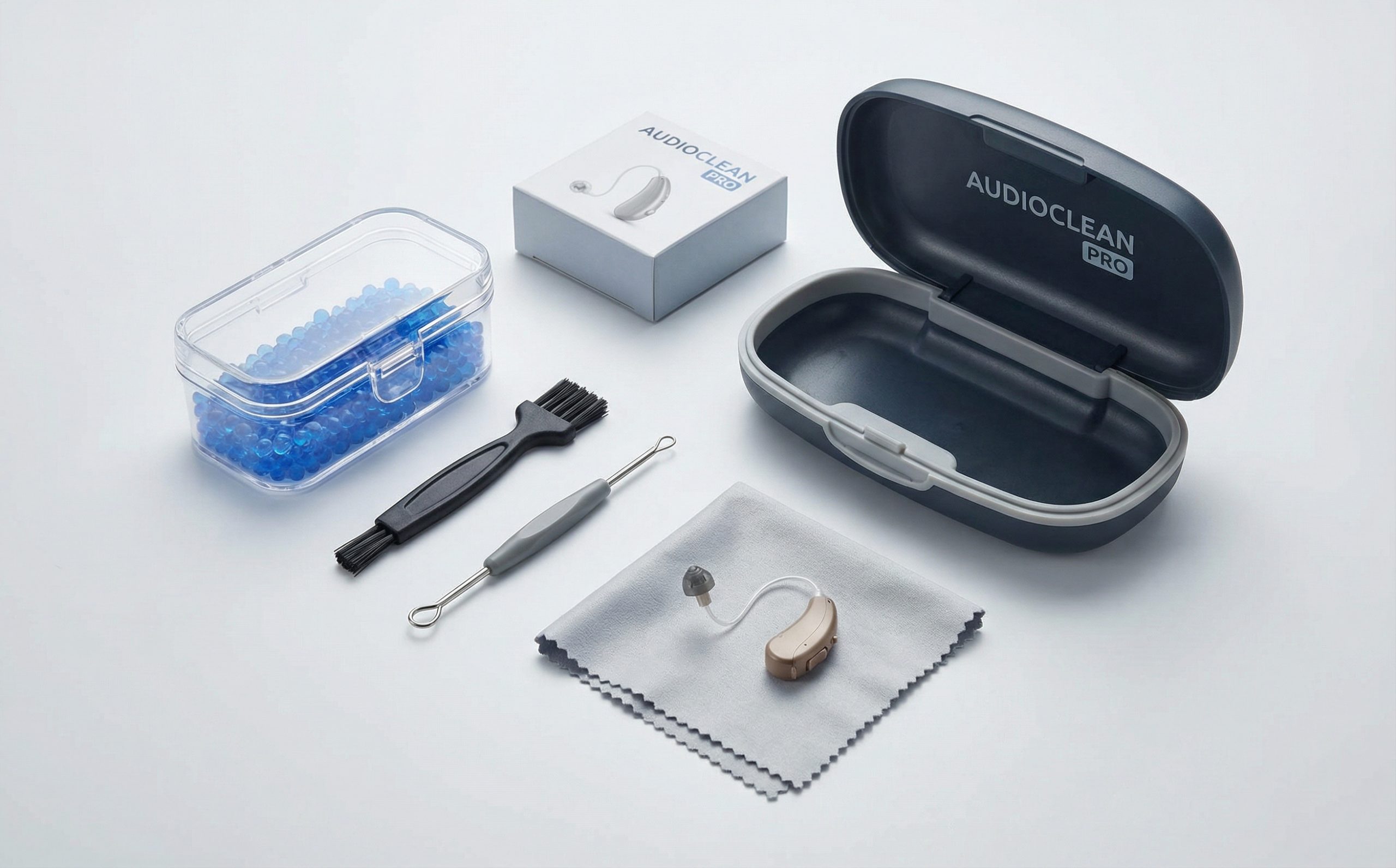 Hearing aid cleaning tools and supplies