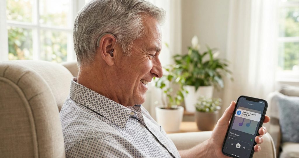 Senior person streaming phone call to hearing aids