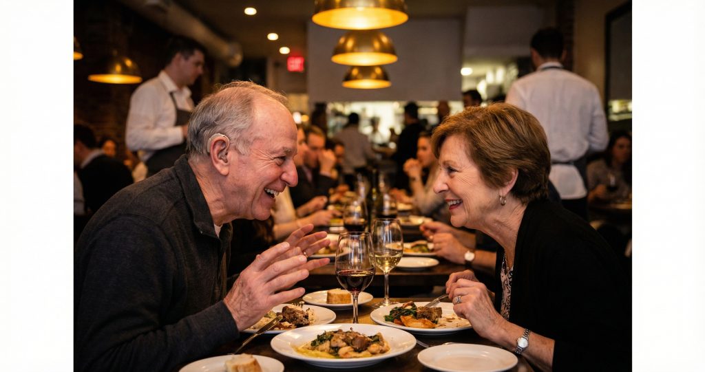 Couple enjoying conversation in restaurant