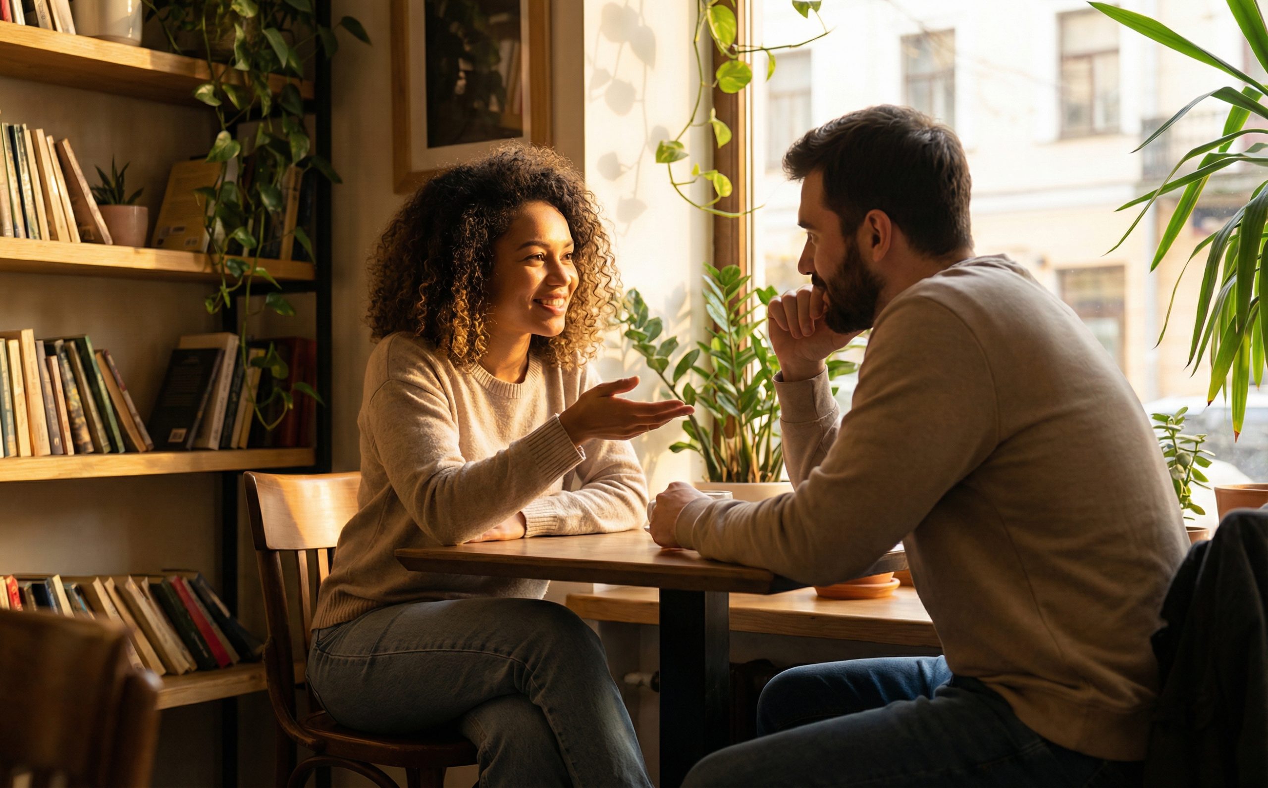 Two people having clear face-to-face conversation